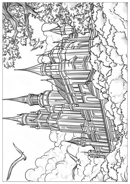 Sky castle with pointed towers and clouds
