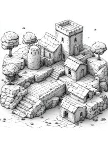 Dessin d'un château médiéval avec tours et escaliers