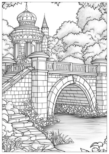 Drawing of castle with bridge and magic forest