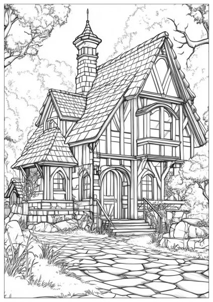Drawing of a magical cottage in the forest with paths and trees.