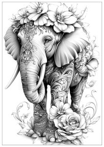 Dessin d'un éléphant boho fleuri avec ornements complexes et fleurs en motifs captivants.