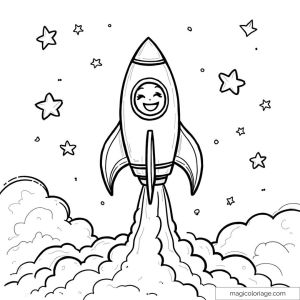 Dessin de fusée heureuse volant parmi les étoiles et nuages