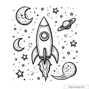 Fusée dans l'espace avec étoiles et planètes à colorier.