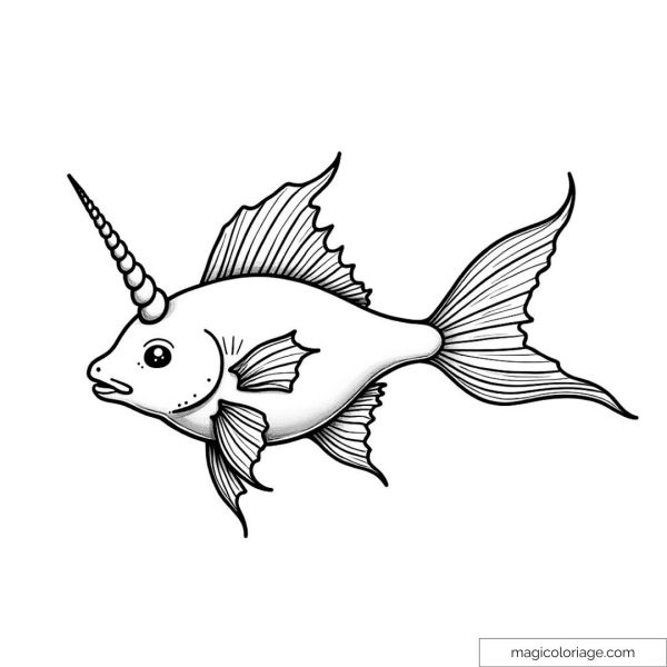 Magical fish unicorn with detailed fins to color