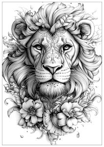 Lion entouré de fleurs à colorier