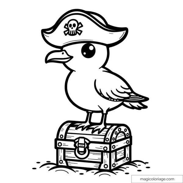 Mouette avec chapeau de pirate sur coffre trésor