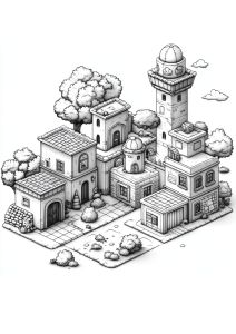 Dessin de village méditerranéen avec maisons et arbres à colorier.