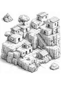 Dessin d'un village méditerranéen avec maisons et escaliers en pierre.