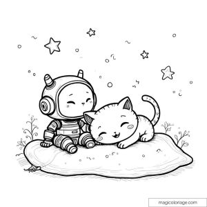 Petit robot et chat mignon sous les étoiles