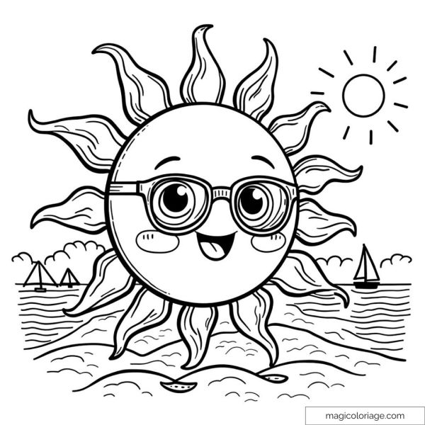 Coloriage de soleil souriant avec lunettes et plage pour enfants.