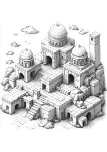 Dessin en noir et blanc d'une structure architecturale ancienne avec détails de dômes et de pierres.