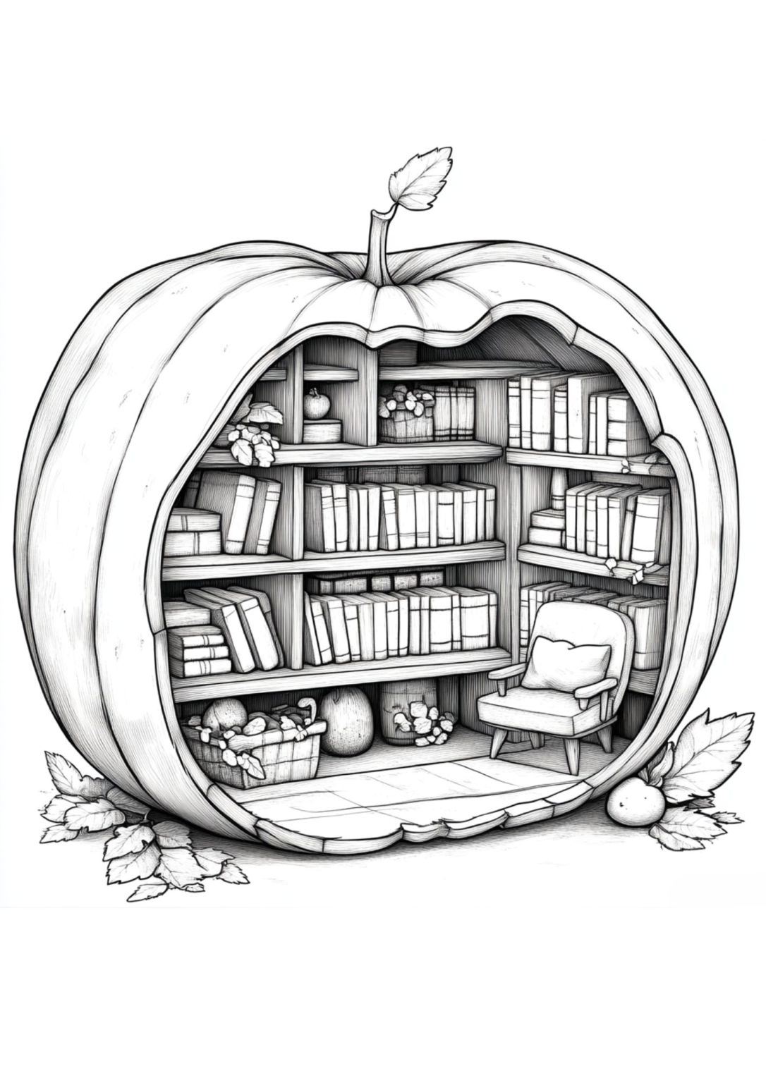 Magic Pumpkin Library Coloring Page for Fall