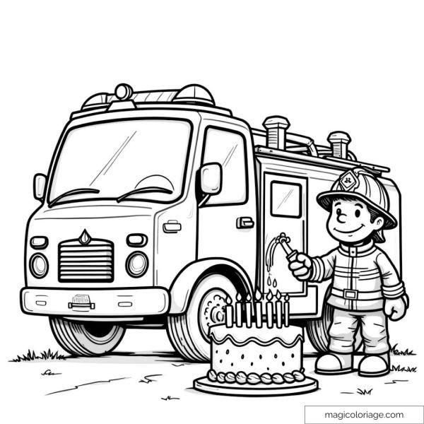 Fire truck with birthday cake coloring page