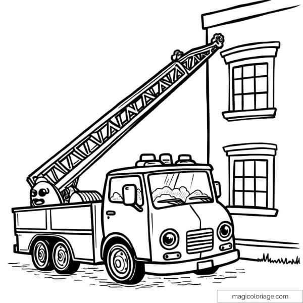 Drawing of fire truck with ladder in action near a building