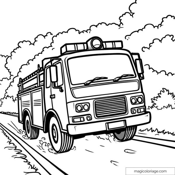 Fire truck driving on a road surrounded by vegetation.