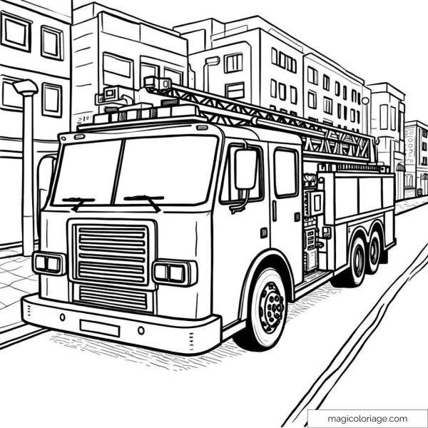 Drawing of a fire truck on a city street to color.