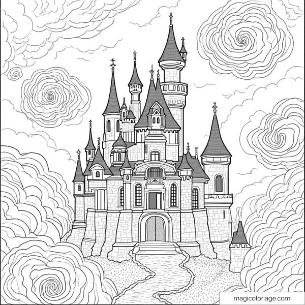 Enchanted castle in the clouds with towers and marbled sky
