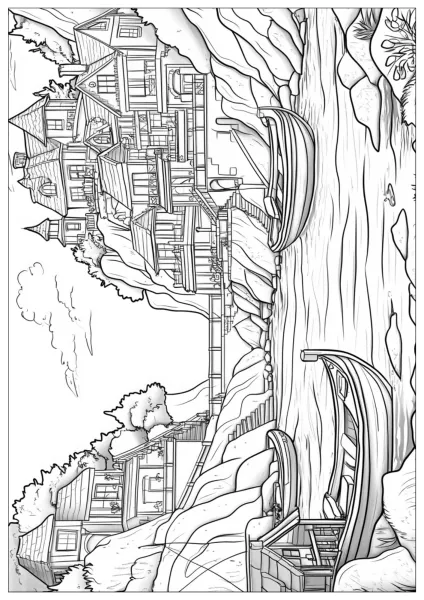 Coastal landscape drawing with Victorian house and rowboats