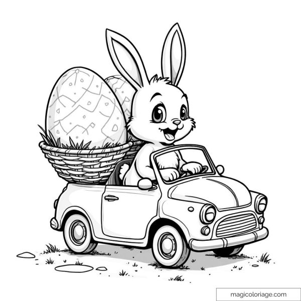 Drawing of an Easter bunny in a car with giant eggs