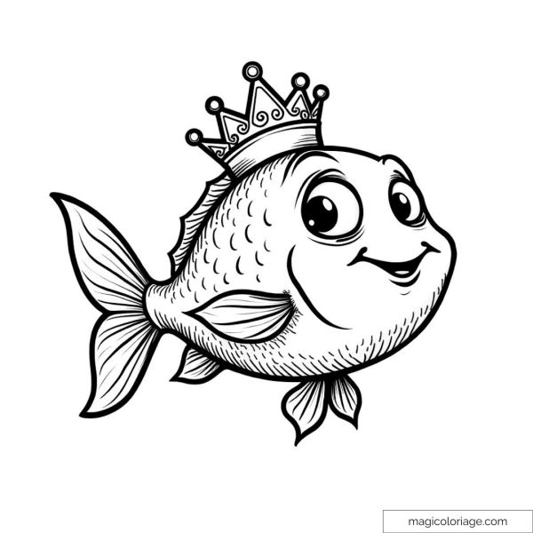 Smiling fish with crown ready to be colored