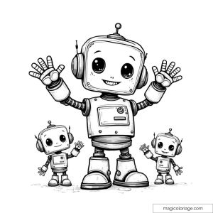 Dessin de trois robots souriants levant les bras