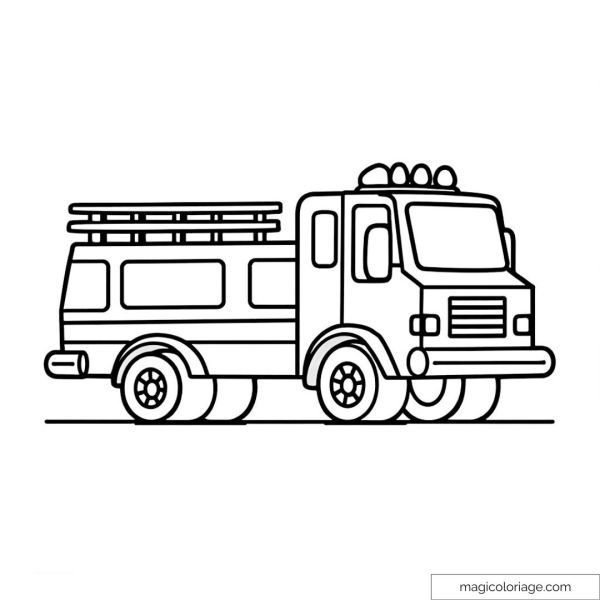 Fire truck coloring page with wheel and ladder details.