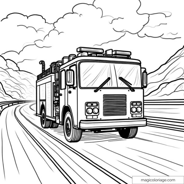 Drawing of a fire truck driving on a mountain road
