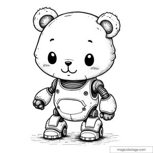Ours robotique kawaii avec détails mécaniques à colorier.