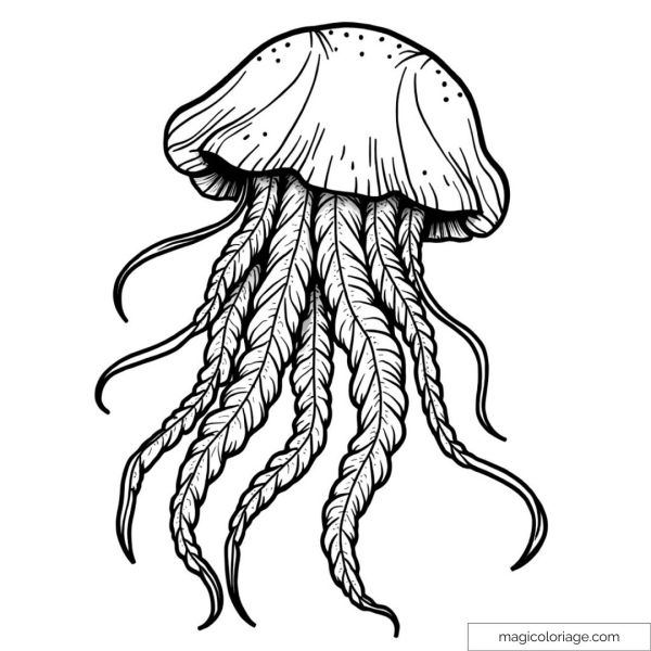 Dessin de méduse avec tentacules détaillés à colorier.