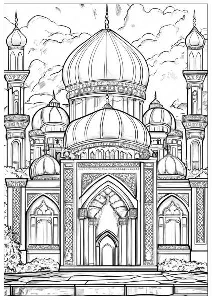 Detailed drawing of an oriental palace with elegant domes and arches.