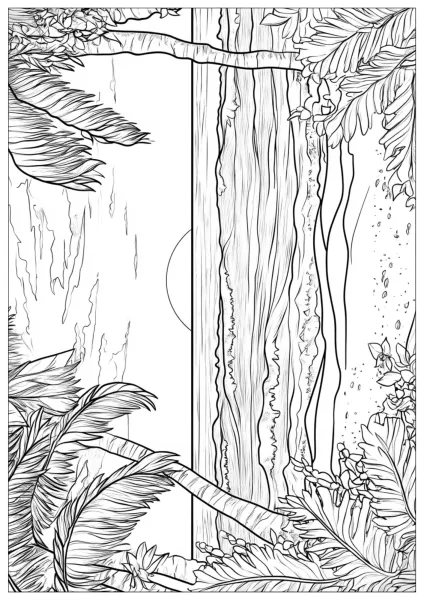 Tropical beach drawing with palm trees and sea horizon at sunset