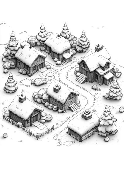 Village enneigé avec chalets et arbres