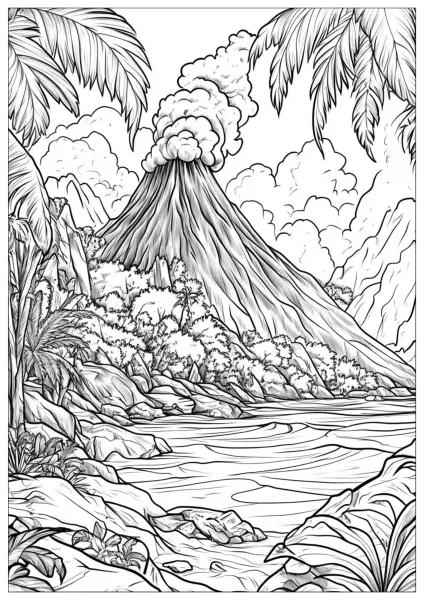 Drawing of erupting volcano with palm trees and tropical landscape