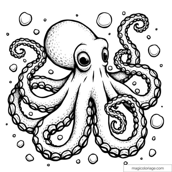 Dessin d'un octopus entouré de bulles dans l'océan.
