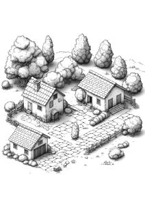 Coloriage de village avec maisons et paysage arboré