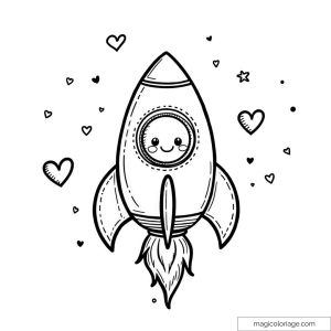 Coloriage fusée mignonne avec visage souriant et cœurs.