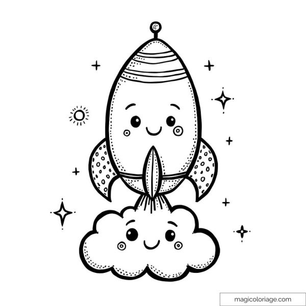 Fusée spatiale mignonne avec nuage heureux et étoiles autour à colorier.