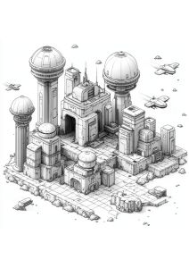 Coloriage ville spatiale futuriste avec bâtiments et vaisseaux volants