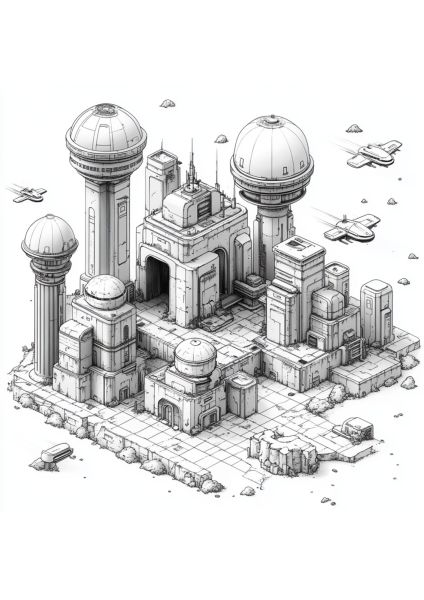 Coloriage ville spatiale futuriste avec bâtiments et vaisseaux volants