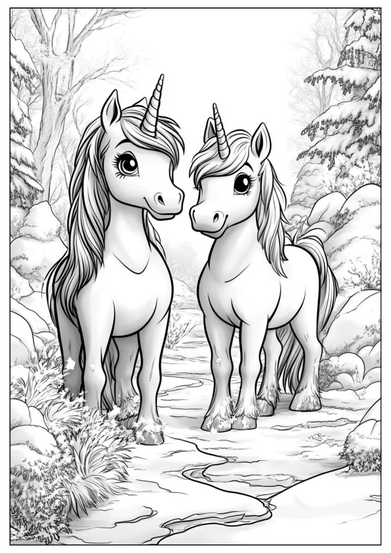 Magical coloring of unicorns in a snowy landscape