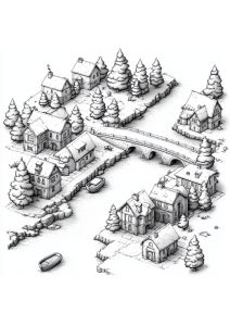 Dessin d'un village enneigé avec maisons