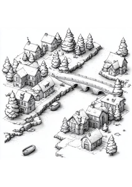 Dessin d'un village enneigé avec maisons