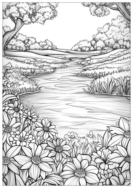 Natural landscape to color with flowers and a winding river.