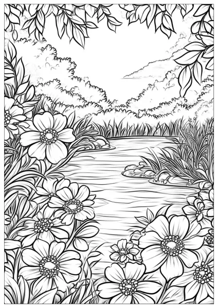 Coloring page of flowers and stream surrounded by vegetation