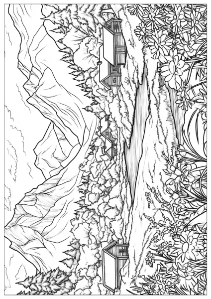 Mountain drawing with chalets and flowers for relaxing coloring.