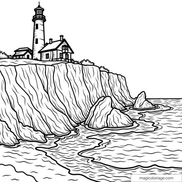 Dessin de phare côtier avec falaises et mer ondulante