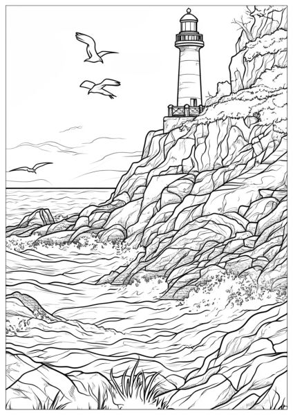 Imposing lighthouse on steep cliff with sea and birds