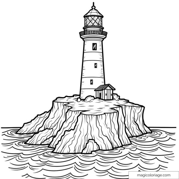 Phare sur rocher entouré de mer à colorier.