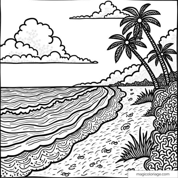 Plage tropicale avec palmiers et vagues à colorier