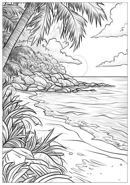 Beach with palm trees and rocks at the water's edge